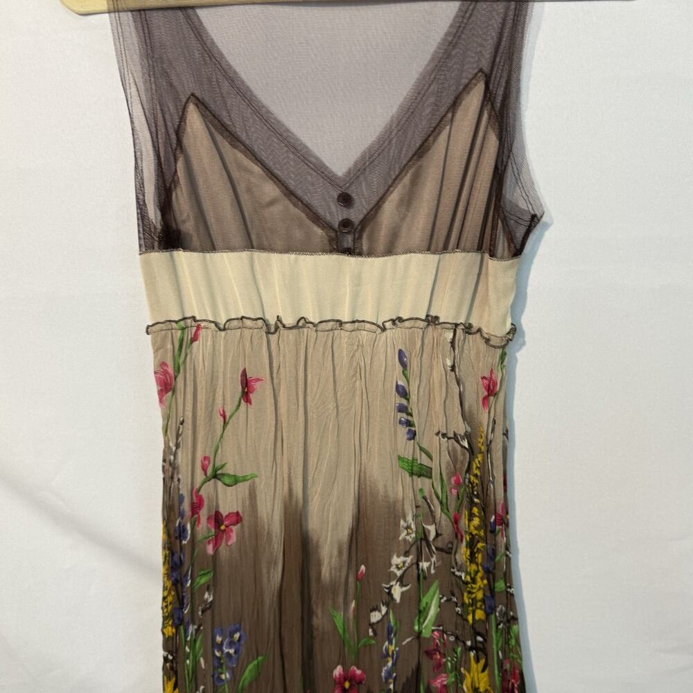 BCBGMaxazria Silk Tulle Dress Womens Medium Brown Floral Chiffon Sheer Trim - Picture 5 of 16